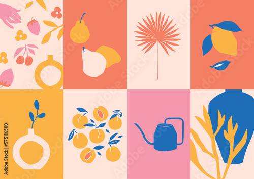 Abstract vector illustration set of botanical printable posters and woman portraits in Matisse style. Art for postcards, wall art, banner, background.