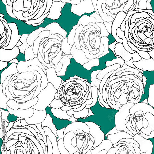 Seamless pattern with white rose silhouette on green background.