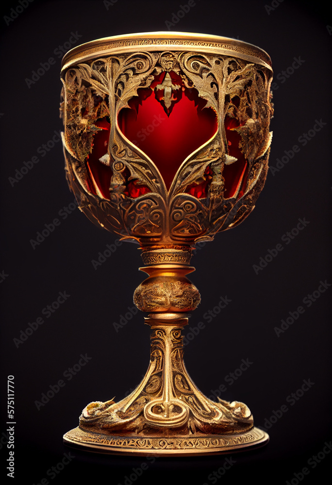 The Golden Holy Grail with red heart on black background. Created with Generative AI technology. The Golden Holy Grail with red heart on black background. Created with Generative AI technology.