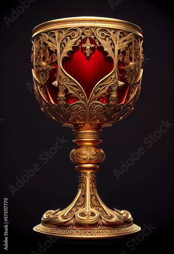 The Golden Holy Grail with red heart on black background. Created with Generative AI technology.