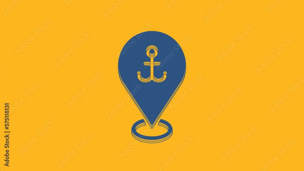 Blue Map pointer with anchor icon isolated on orange background. 4K Video motion graphic animation Blue Map pointer with anchor icon isolated on orange background. 4K Video motion graphic animation