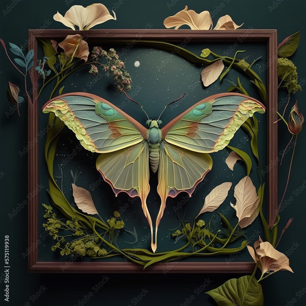Vintage Collage Style Illustration of a Luna Moth with Flower Petals