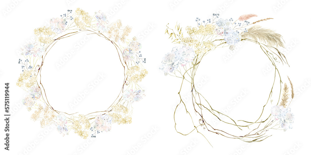 Bouquets and wreaths of dry field flowers, delicate branches, wild herbs. Boho bouquets and wreaths. Beige plants, botanical illustration, bohemian plants. Boho wedding, holiday decoration Bouquets and wreaths of dry field flowers, delicate branches, wild herbs. Boho bouquets and wreaths. Beige plants, botanical illustration, bohemian plants. Boho wedding, holiday decoration
