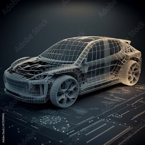 At Ultra Realistic 8k resolution, a virtual simulation of a future electric car displays a wireframe prototype model blueprint in preparation for factory manufacturing.