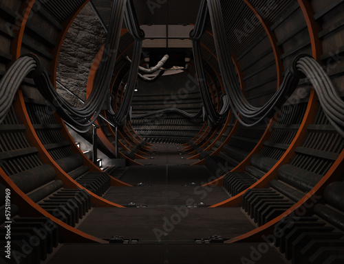 A 3d rendered illustration from an interior sci-fi round corridor with a lot of cables and tubes.  © HWWO Stock