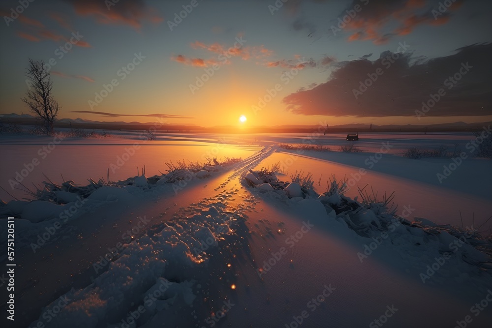 sunset on the horizon, snowy field, frost, sun, clouds, road, generated AI