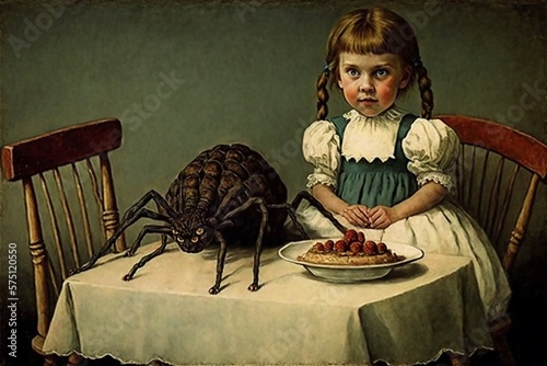 Old Fashioned Nursery Rhyme Style Illustration of a Young Girl, Berry Pie Dessert, and Her Creepy Spider Friend. [Fairytale, Fantasy, Historic, Horror Character. Graphic Novel, Video Game, Comic] photo