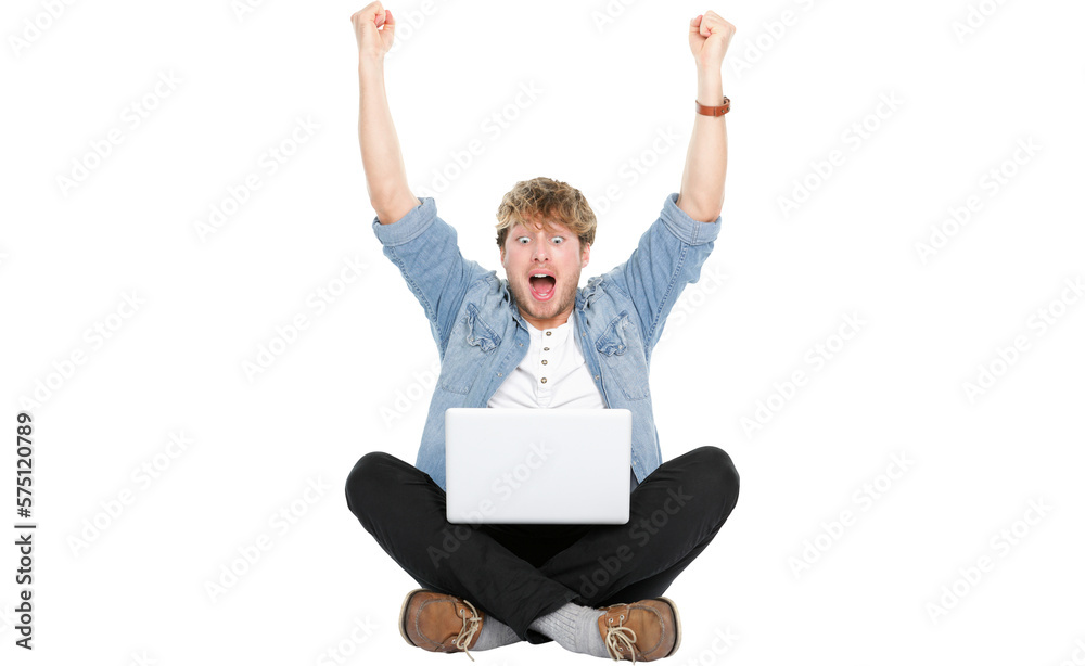 Man cheering with laptop computer and arms raised winning happy. Young Caucasian male model sitting on floor isolated in transparent PNG. Man cheering with laptop computer and arms raised winning happy. Young Caucasian male model sitting on floor isolated in transparent PNG.
