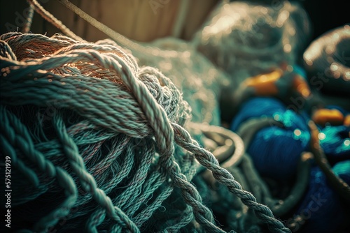 Sunlight shining on a closeup of rusty fishing nets and ropes Generative AI