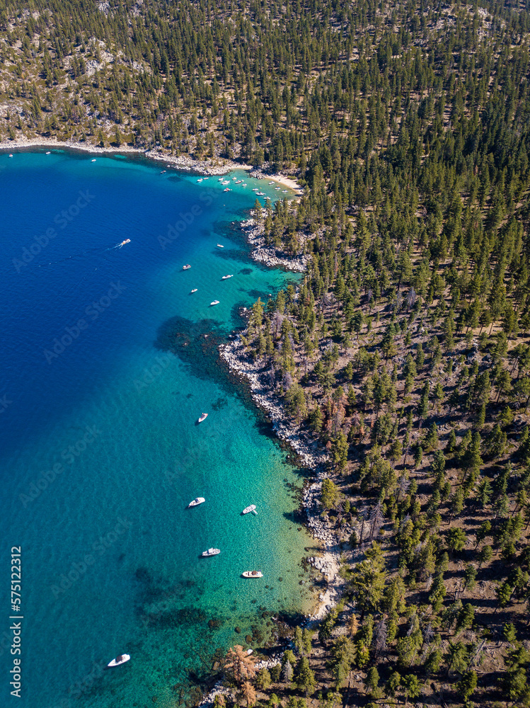 Aerial photos of the beautiful and blue Lake Tahoe in California. Photos taken on drone.