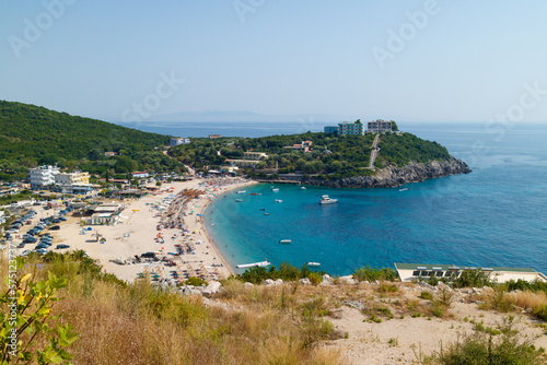 Beach leisure on Adriatic Sea: bay with sandy beach in South Albania. 