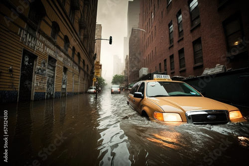 Flooded city street. Generative AI.