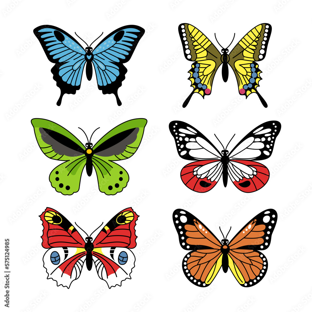 Obraz premium Set of colorful butterflies. Collection of insects. Vector linear cartoon illustration isolated on white background