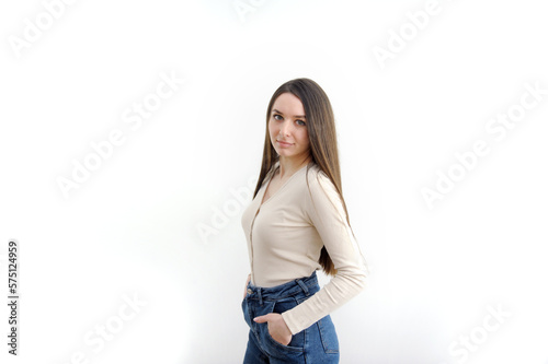 Image of young asian woman, company worker smiling and holding digital tablet, standing over white background. High quality photo