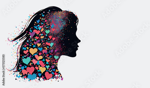 Woman with colorful hearts in her  long hair, love and emotion concept, good hearted, positive thinking, generative AI
 photo