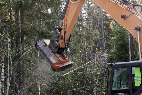 Attached to excavator forestry mulcher for clearing trees and brush along roadsides. photo