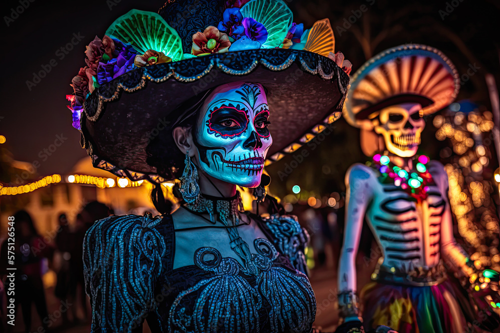 Day of the Dead parade, night, costumed woman with lights in hat, skull face paint. Generative AI Day of the Dead parade, night, costumed woman with lights in hat, skull face paint. Generative AI