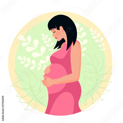 Happy mother's day. Postcard. Pregnant girl hugs her belly. Happy motherhood illustration. Young mother
