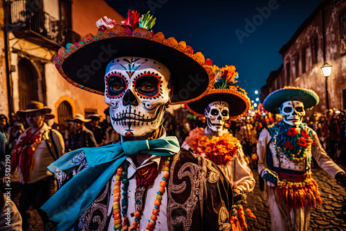 Day of the Dead parade, night, skeleton costumes. Generative AI