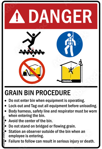 Grain bin hazard sign and labels grain bin procedures