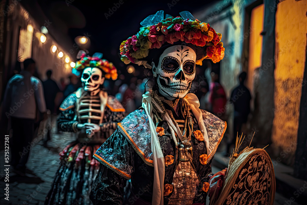 Day of the Dead parade, night, skeleton costumes. Generative AI