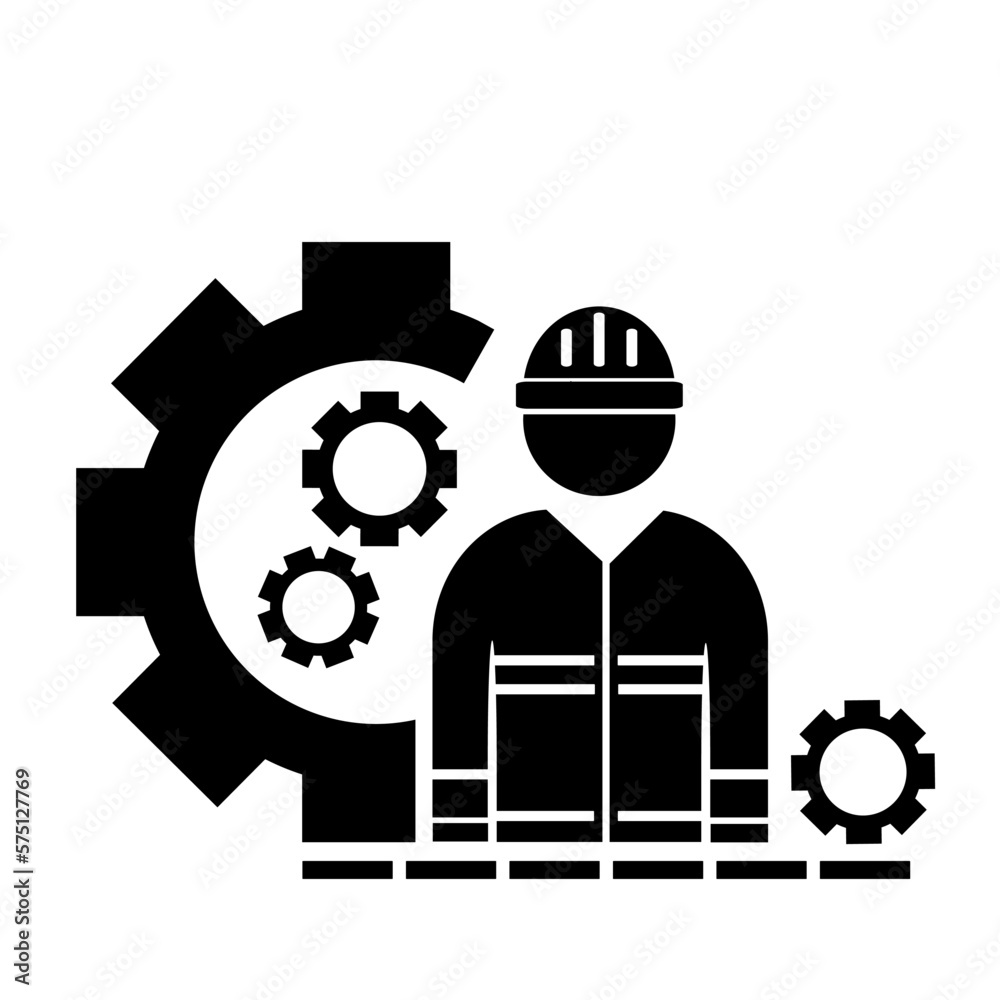 Vector illustration, logo, contractor, engineer badge and gear. Repair and maintenance. Industry. Isolated on a white background.