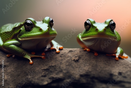 Two green frogs on top of a stone, close upGenerative AI