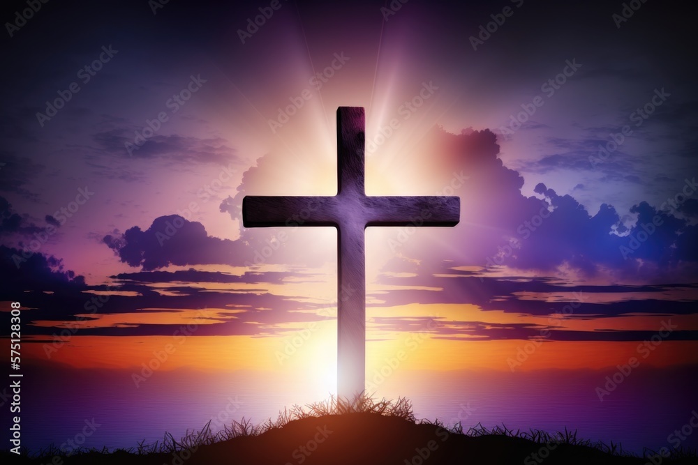 Silhouette cross of Jesus Christ on sunrise background, Generative AI Silhouette cross of Jesus Christ on sunrise background, Generative AI
