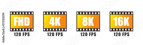 Video resolution icons set. Video image size. Full HD, 4k ultra HD, 8k 16k screen resolution badges. Vector illustration