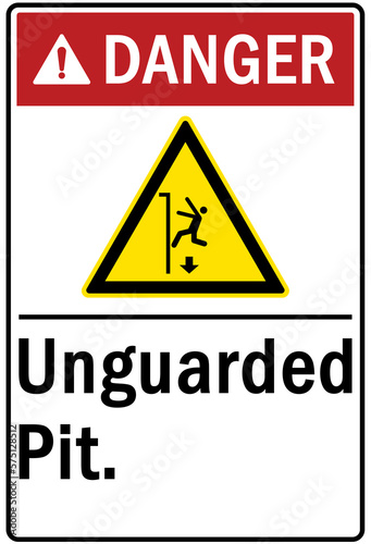 Open pit hazard sign and labels unguarded pit