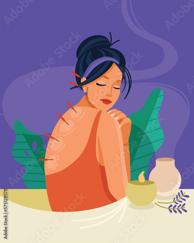 Woman enjoying self care with acupuncture and aromatherapy. Wellness and Health. Lavender scent candles. Alternative Medicine.