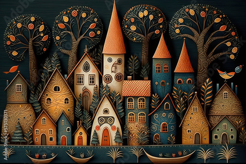 Village in folk art style