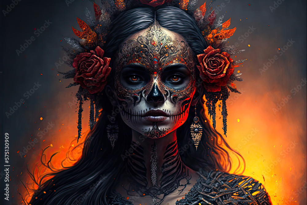 Day of the Dead, portrait, woman with skull face paint. Generative AI