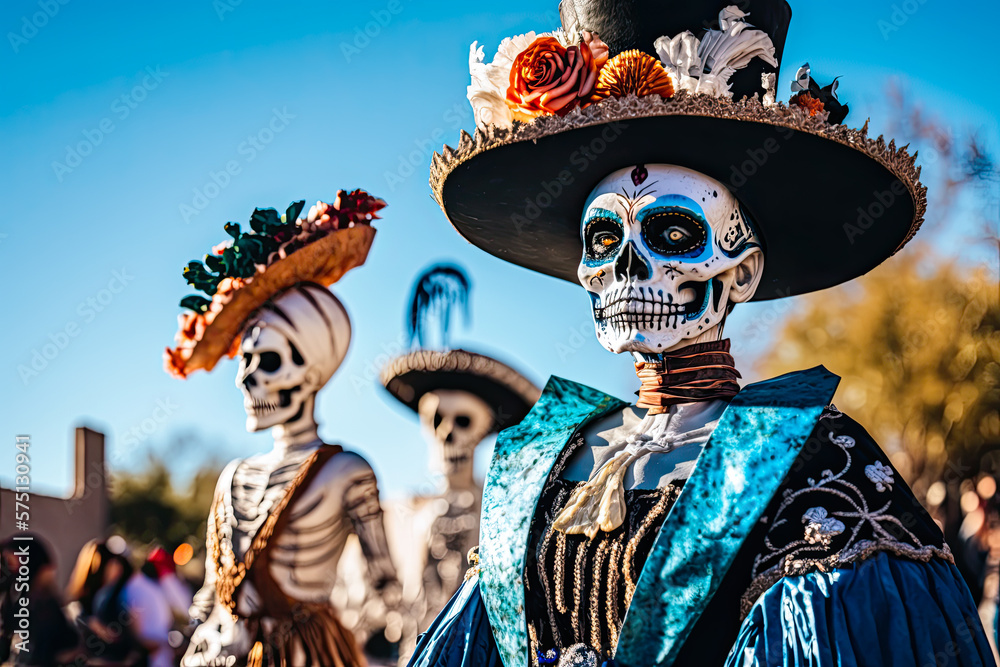 Day of the Dead parade, skeleton with blue costume. Generative AI