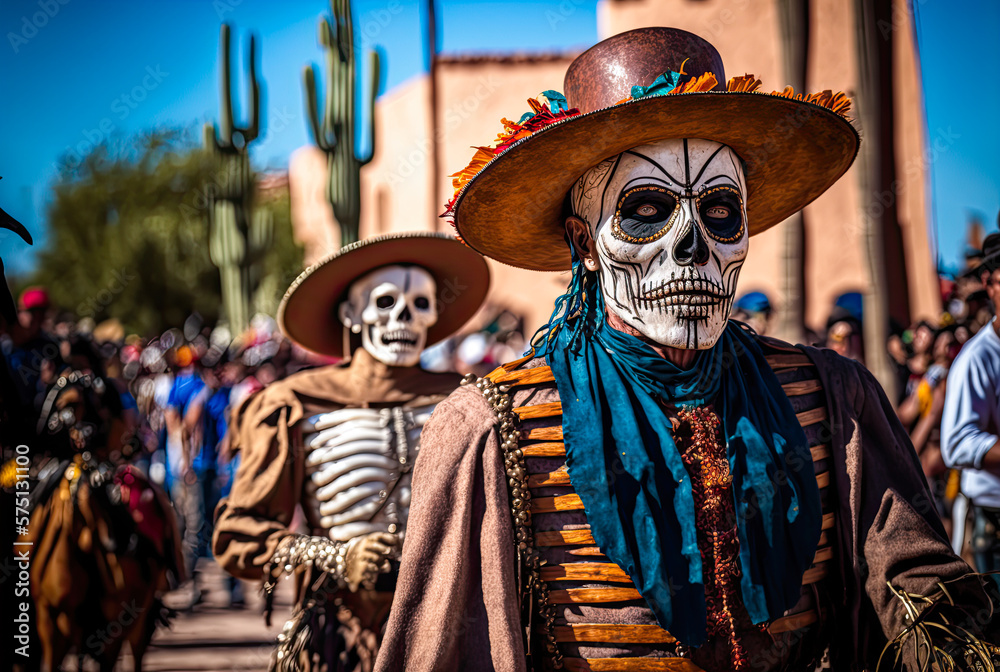 Day of the Dead parade, skeleton costumes. Generative AI
