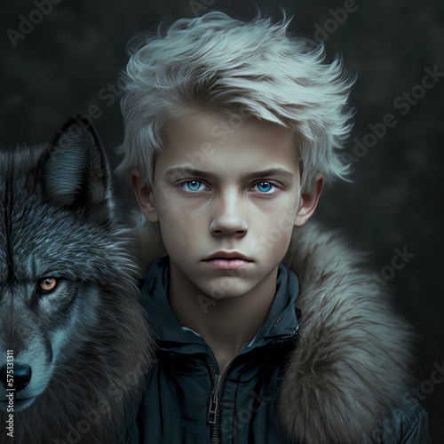 Boy with a wolf.Generative Ai photo