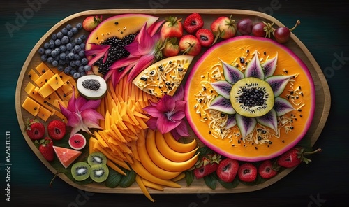  a platter of fruit and vegetables on a wooden tray. generative ai