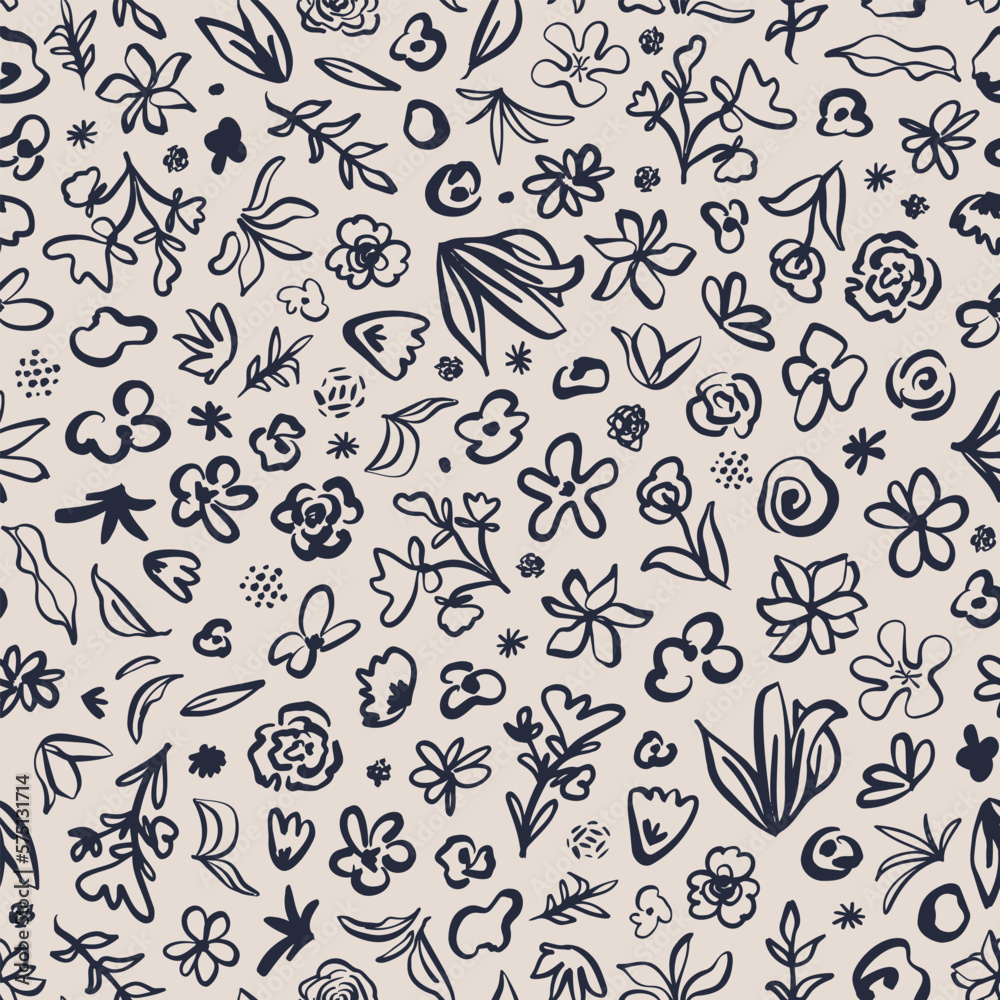 Doodled flowers, leaves, herbs, plants seamless repeat pattern. Random placed, hand drawn, vector botanical all over surface print on beige background.