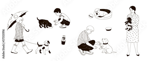 a girl walks with a puppy, a woman with canine, a boy feed a pet, man help it, puppy sleep in dog bad, black and white linear vector illustration