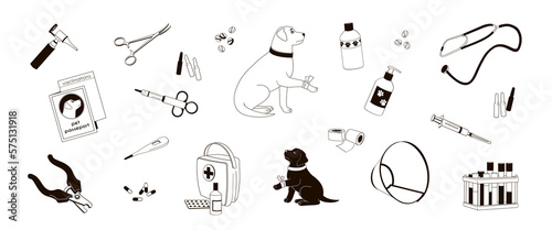 set of elements about veterinary caring a pet, medical tools and healthcare equipment, linear black and white vector illustration