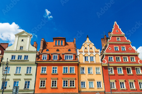 Facades of colorful houses in historical center of Wroclaw, Poland