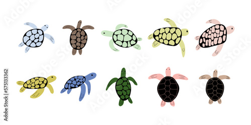 Turtle Character sea animal on deep background. Wild life illustration. Underwear world. Vector illustration.