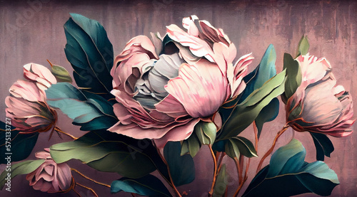 art peony painting, vintage art , wall decor , flower background , generative AI