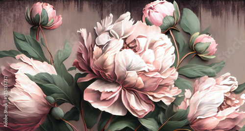 art peony painting, vintage art , wall decor , flower background , generative AI