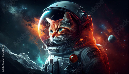 Gato astronauta, dentro de un traje espacial , contemplando un universo nuevo descubierto lleno de estrellas , nebulosas  y planetas. Generado con IA photo