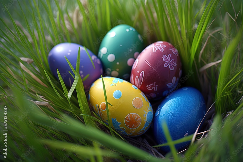 Group of colorful decorated easter eggs in grass, happy easter. Generative AI