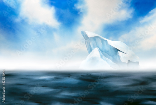 watercolor illustration of north sea landscape, blue sky, iceberg