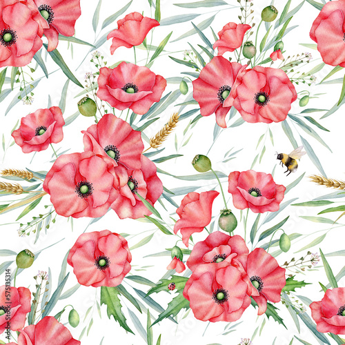 Wallpaper Mural Floral seamless pattern. Watercolor red poppies, bee, wheat ornament. Hand drawn summer illustration for fabric, wrapping paper Torontodigital.ca