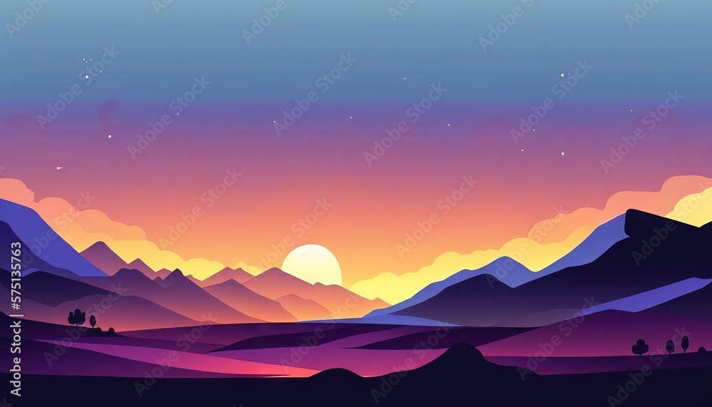 Abstract colorful Background Landscape of mountains and sunset illustration, gradient colors, dreamy background, silhouettes.