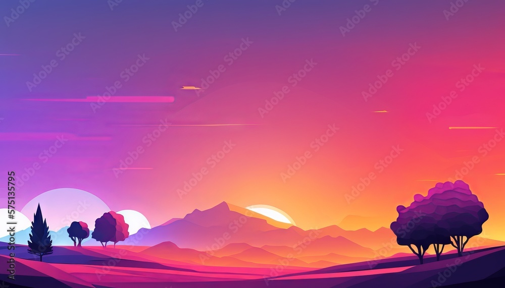 Abstract colorful Background Landscape of mountains, trees, and sunset illustration, gradient colors, dreamy background.